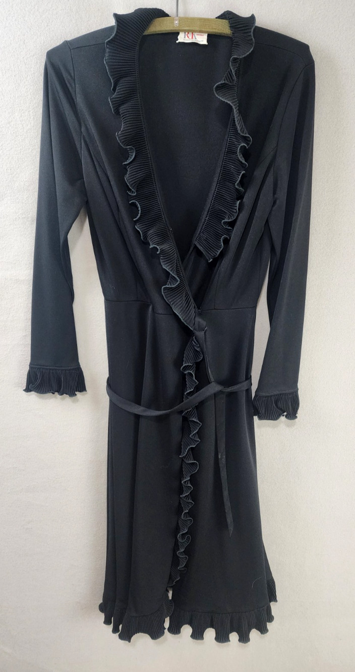 R&K Originals Knit Black Wrap Dress with Satin Ruffle Trim - Size Missing